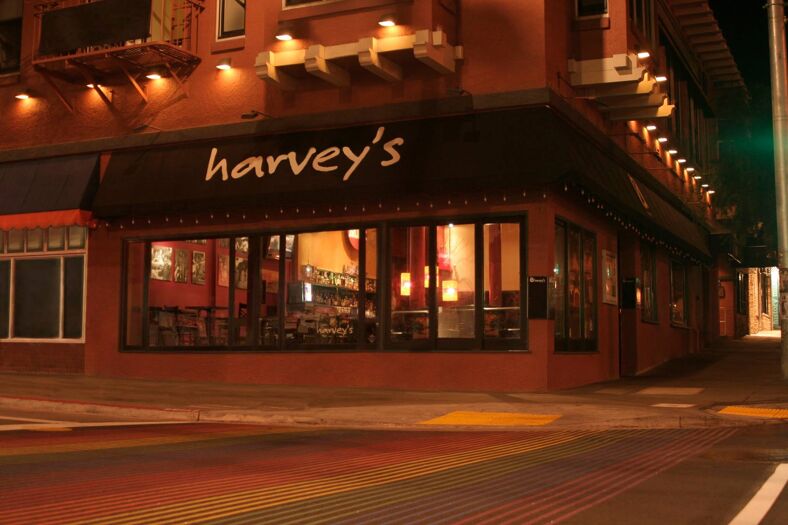 A street view of Harvey's from the rainbow crosswalk in San Francisco's Castro District. Photo via Facebook