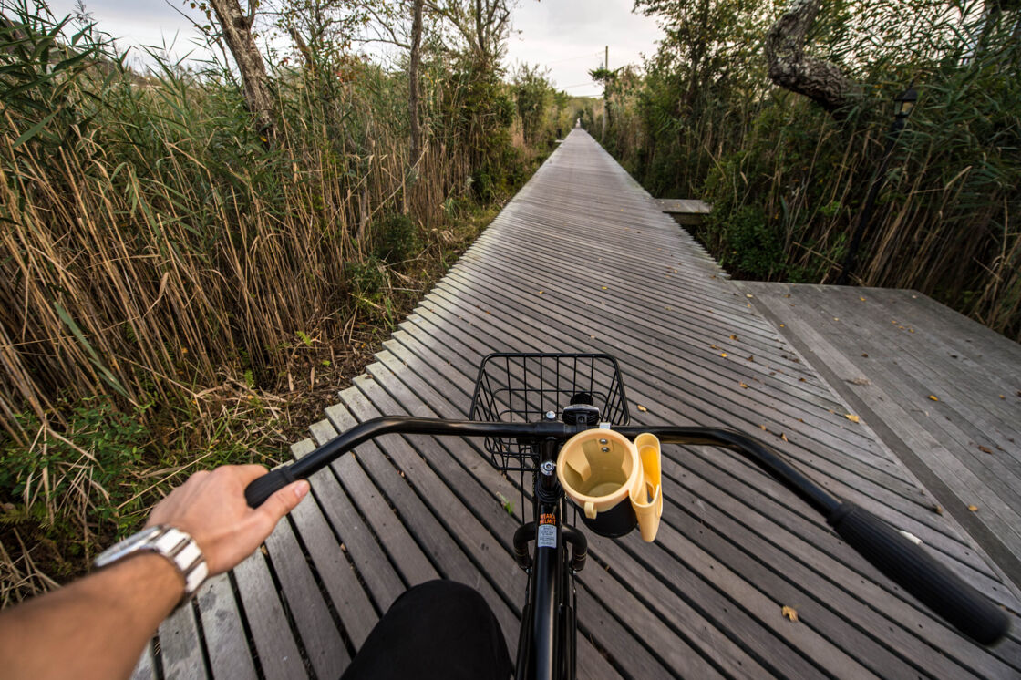Point of view of someone riding a bicycle on the scenic boardwalk of Fire Island, NY