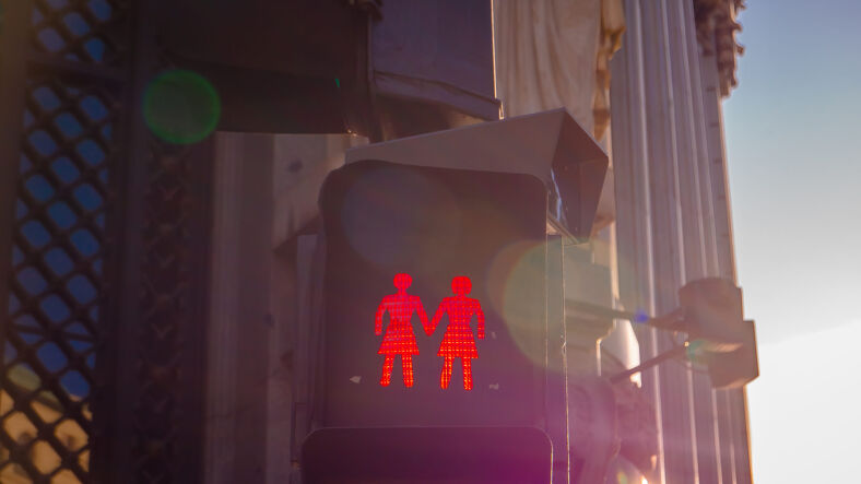 A crosswalk sign with two women figures holding hands. 