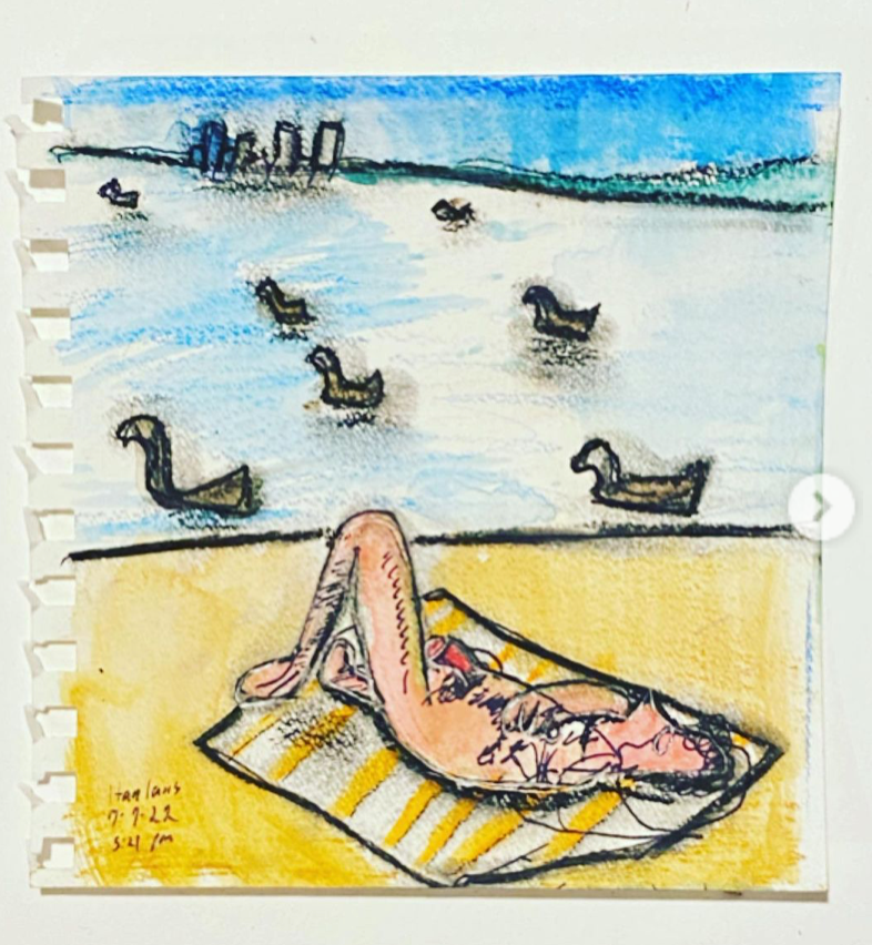 Drawing of a nude sunbather laying on a striped towel next to a lake filled with geese. 
