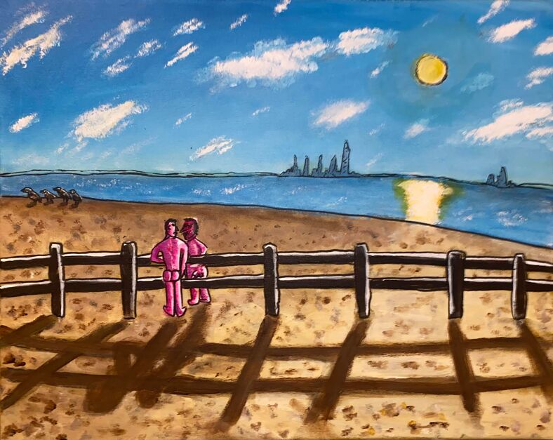 Painting of two nude men on a beach overlooking Toronto's skyline.