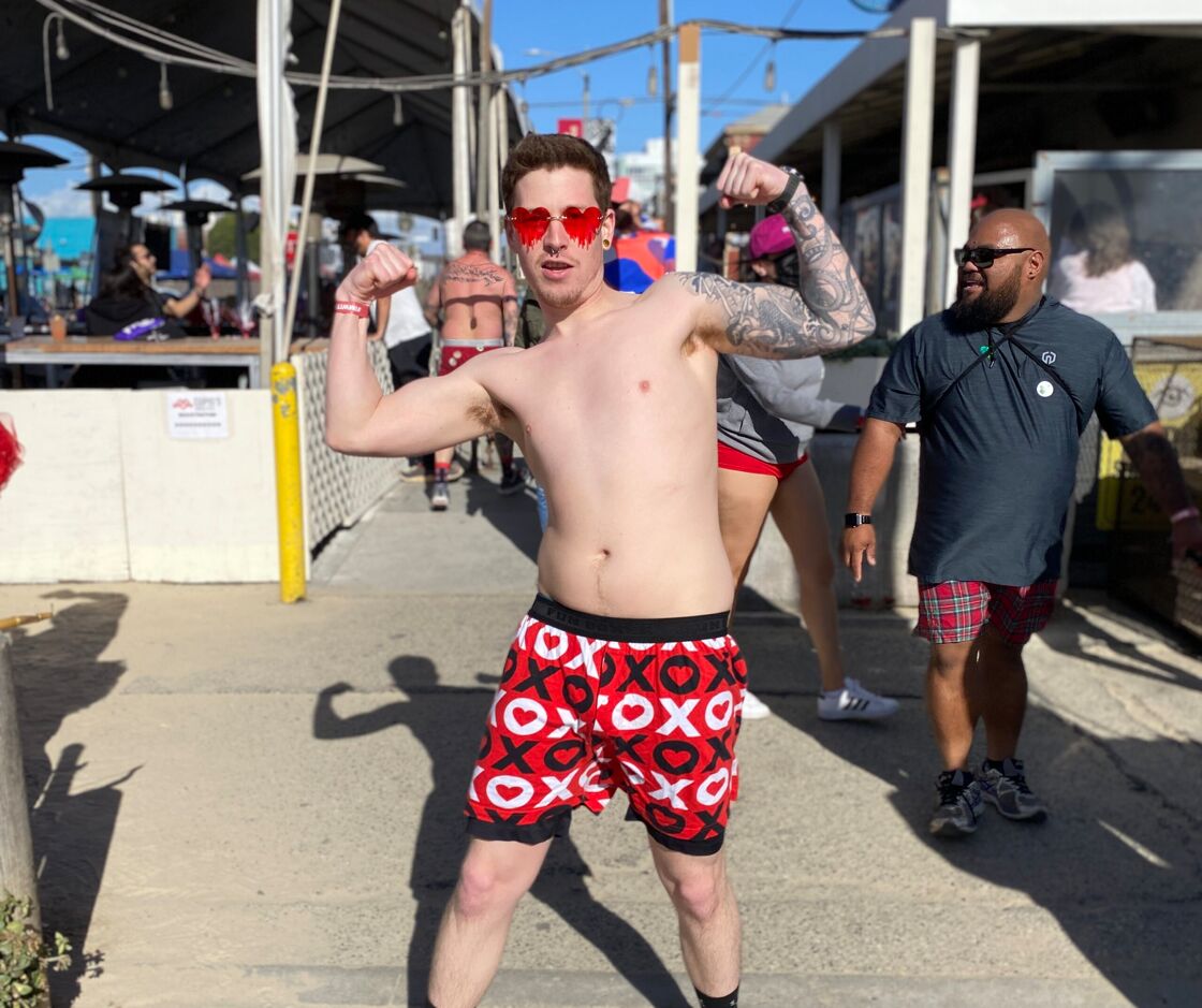 Nate flaunting his boxer shorts at the Cupid's Undie Run.