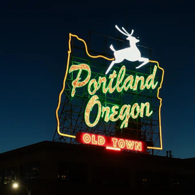 Neon sign that reads: "Portland, Oregon Old Town"