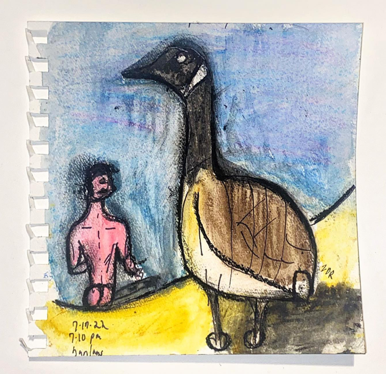 Drawing of a goose and a nude male torso.