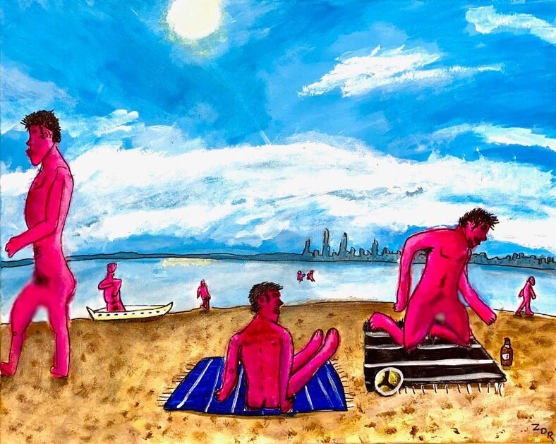 Painting of nude men sunbathing on the beach.
