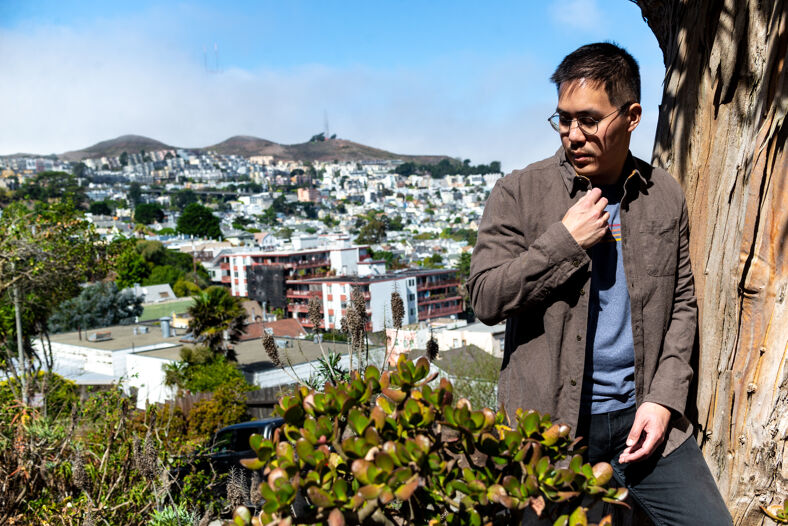 A man in a park overlooking San Francisco.