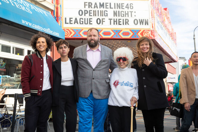 (L-R) Executive Producer Desta Tedros Reff, Writer Michelle Badillo, Executive Producer Will Graham, Maybelle Blair and Executive Producer Jamie Babbit arrive at the premiere of Prime Video's series "A League Of Their Own" at Frameline 46 Film Festival at The Castro Theatre on June 16, 2022 in San Francisco, California.