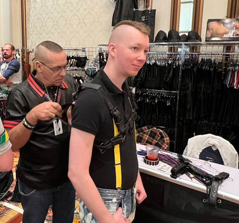 An attendee is fitted with new gear.