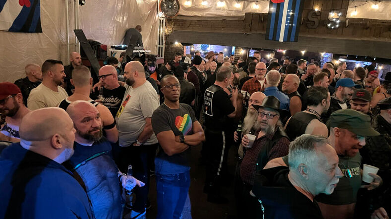 Crowded outdoor space at the Leather Stallion Saloon.