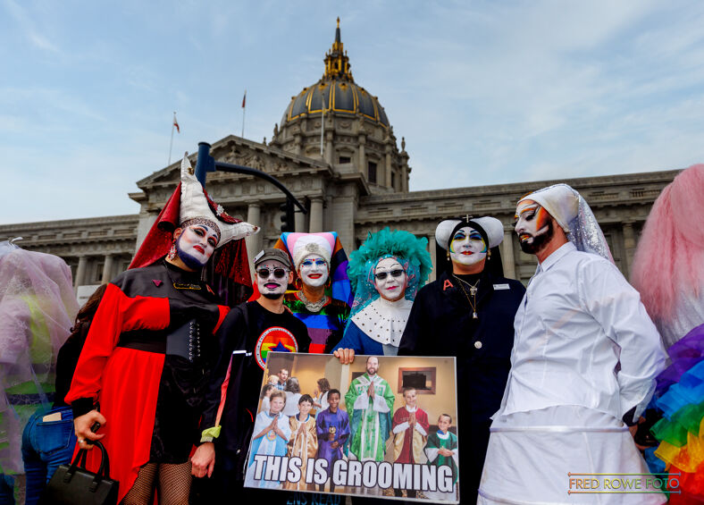 Members of the iconic Sisters of perpetual Indulgence protesting at Drag Up! Fight Back!