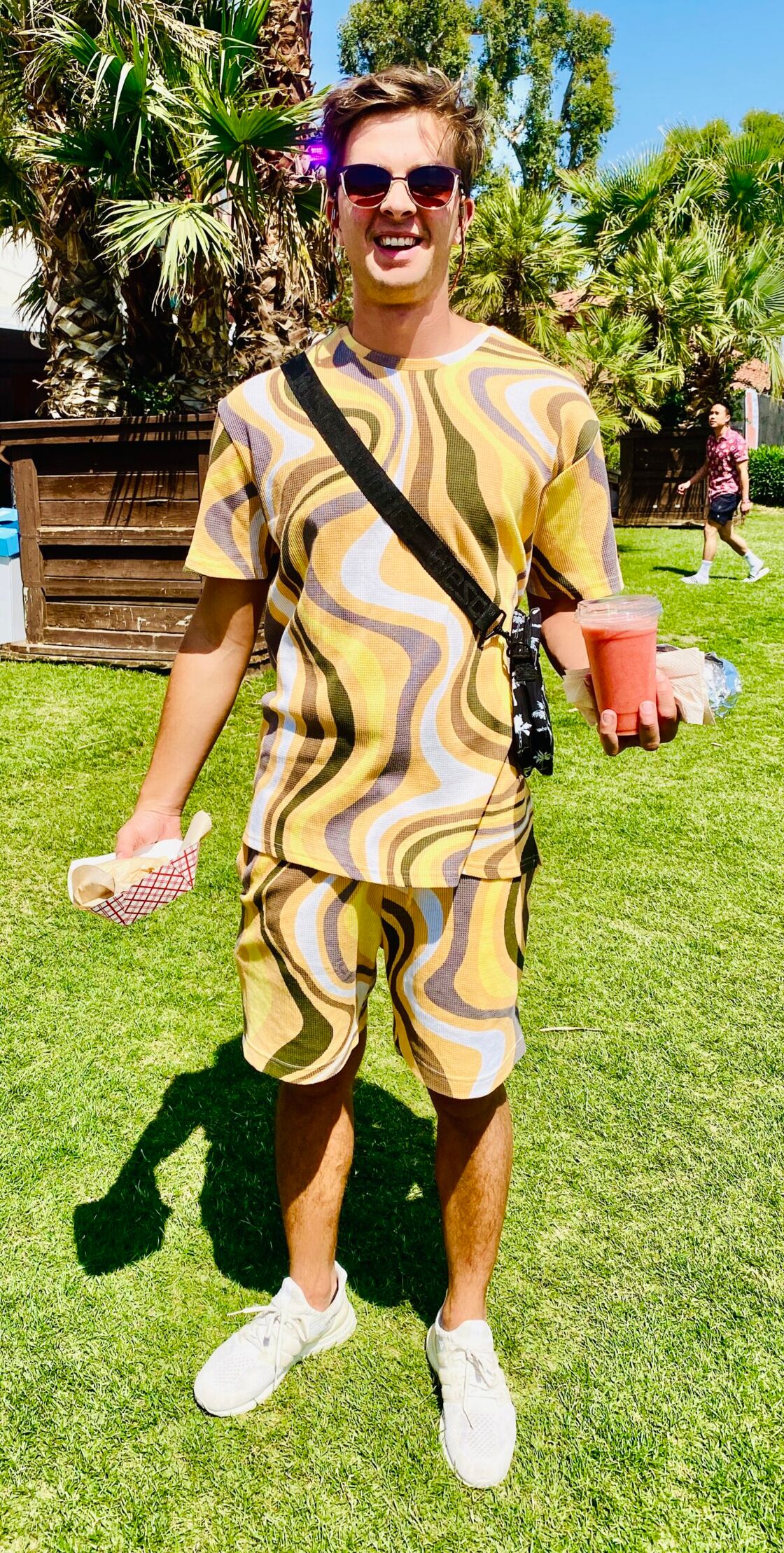This retro tie-dye  ensemble evokes the mood of  Woodstock, a precursor to contemporary music festivals like Coachella.