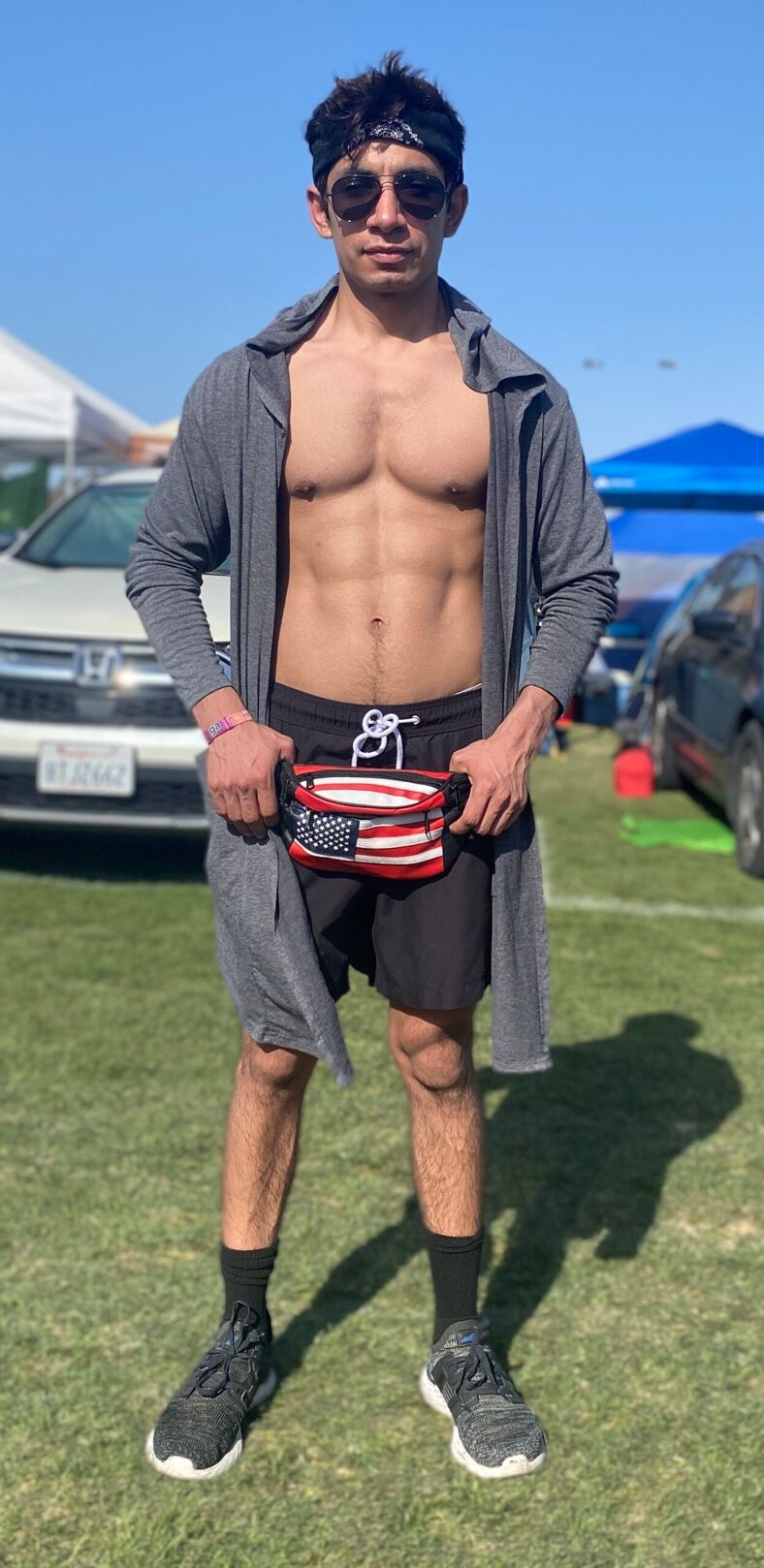 Franky from San Diego sporting pecs and American pride.
