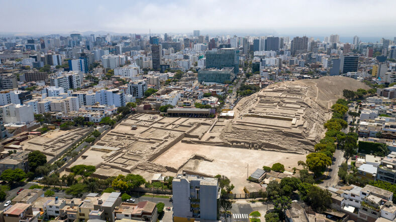 Aerial view of Huaca Pucllana archeological site. Ancient pre-Inca ruins in the middle of an urban city. via Shutterstock.
