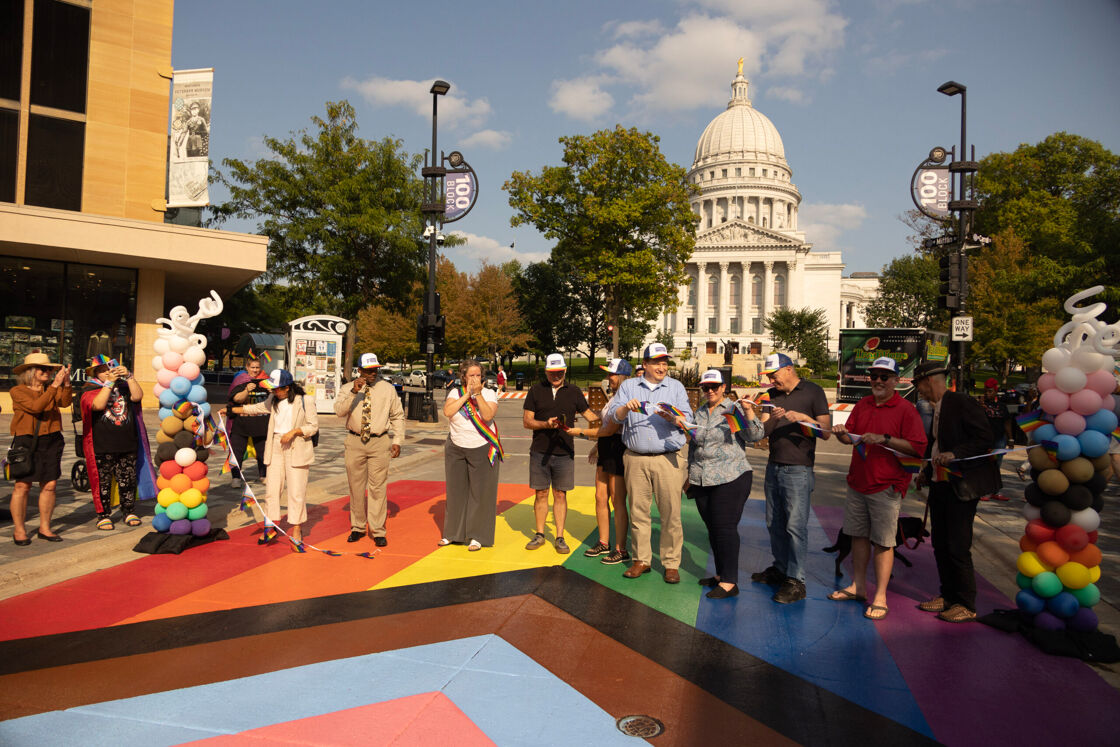 Madison's Rainbow Crosswalk ribbon-cutting ceremony featuring Mayor Satya Rhodes-Conway. 