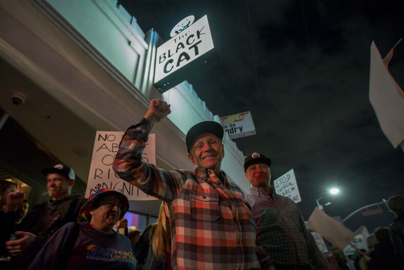 Alexei Romanoff, perhaps the last surviving participant in the Black Cat protest at age 89, and his husband David Sarah attend a rally to mark the 50th anniversary of the protest at The Black Cat Tavern, credited as the site of the first LGBTQ civil rights protest in the nation, on February 11, 2017 in Los Angeles, California.