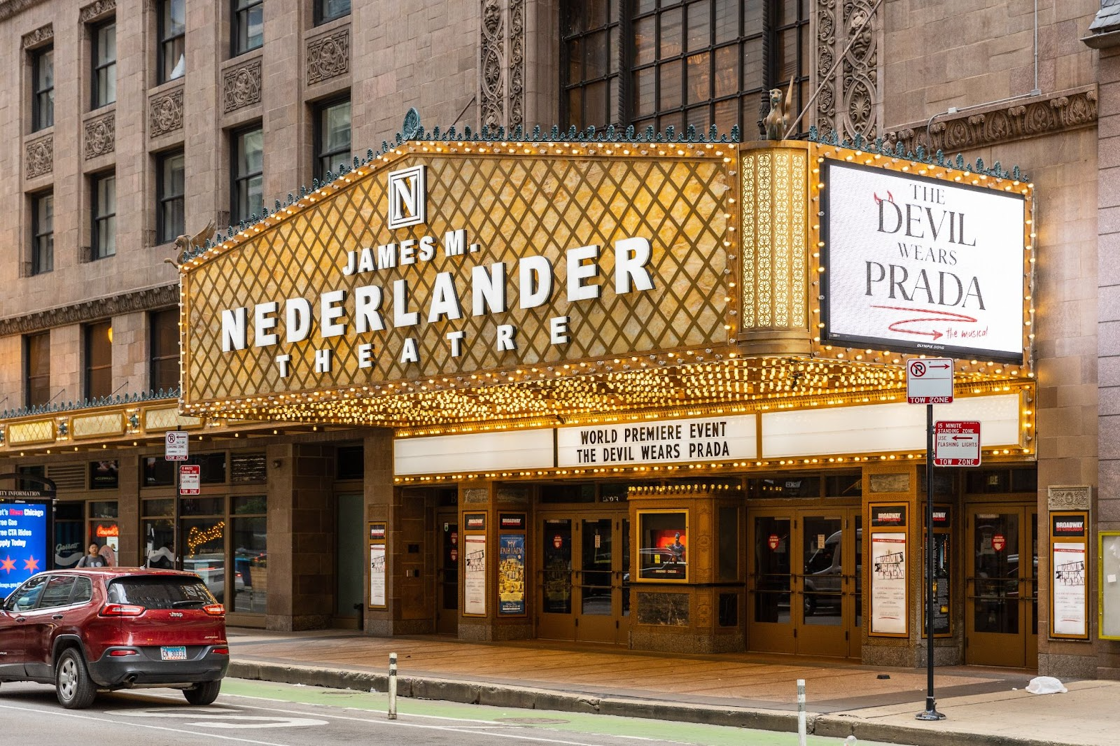 the marquee for the James M Nederlander Theatre in Chicago, IL