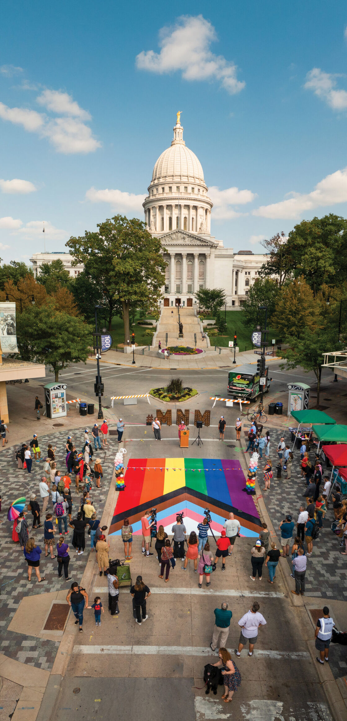 Aerial view of Madison's rainbow crosswalk
