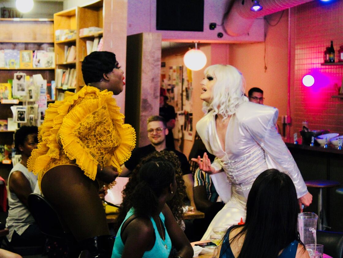 A performance inside Glad Day Bookshop