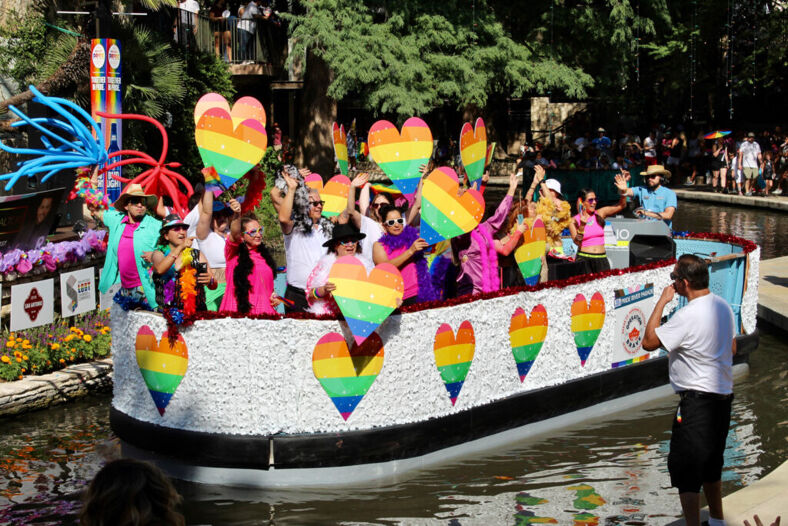 A float covered in rainbow hearts