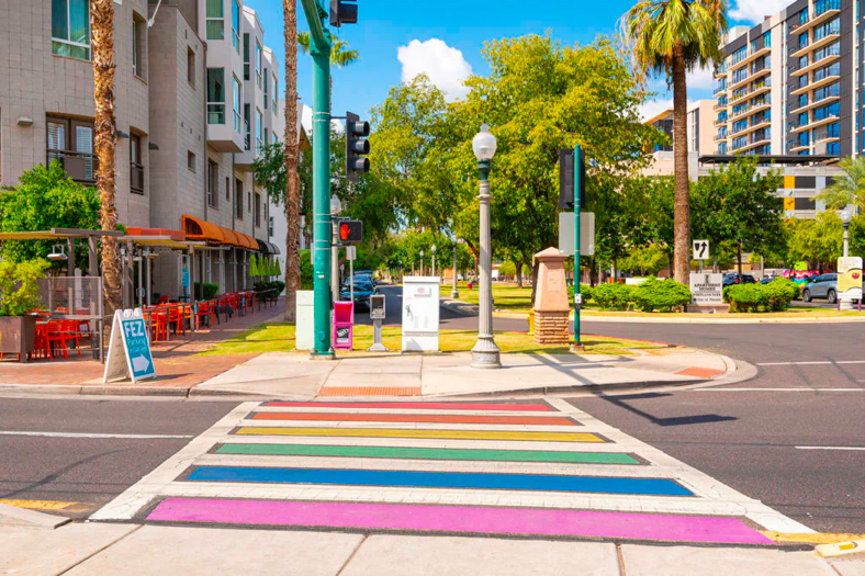 Rainbow crosswalk on Portland Street (downtown).