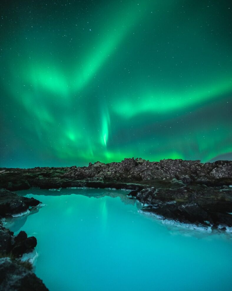 The Northern Lights over Blue Lagoon in Iceland.