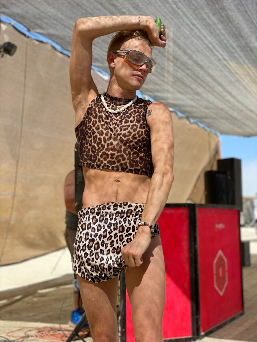 Virgin Burner Jake rocking out in his new leopard-print loincloth.