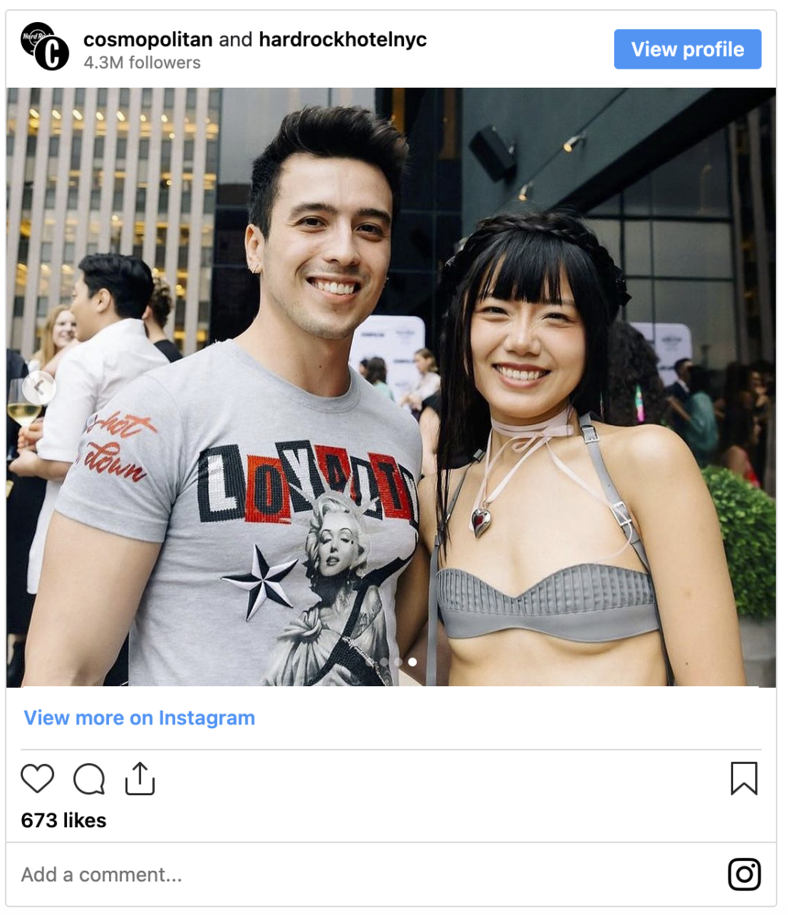 Jamie Valentino with friend Elle Luan featured in Cosmopolitan's Instagram slide from the "Sex at 26" launch party. 
