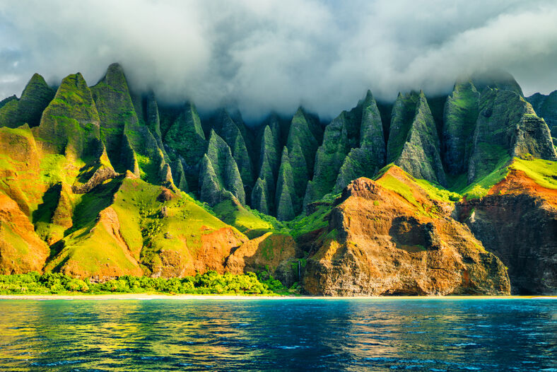 View from a sunset cruise by the Na Pali Coast, Kauai.