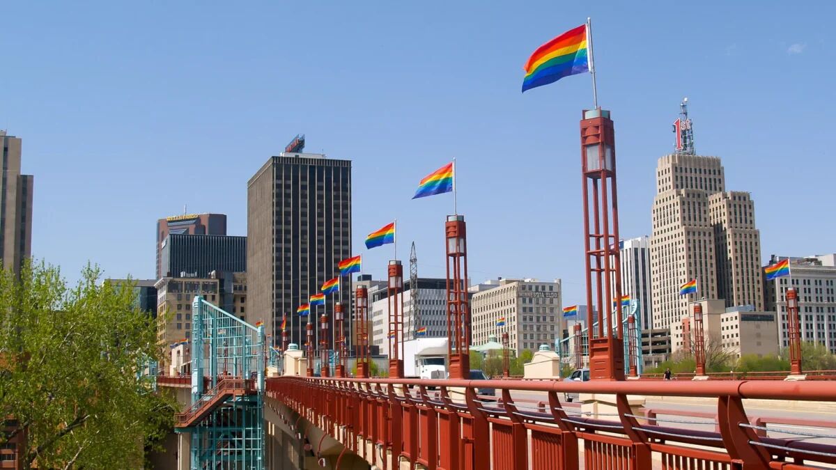 Pride flags on the Wabasha Street Bridge / Photo via: Visit Saint Paul