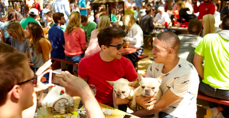 A couple sits in a crowded outdoor patio holding their two french bulldogs and smiling at each other. Photo via visitdallas.com
