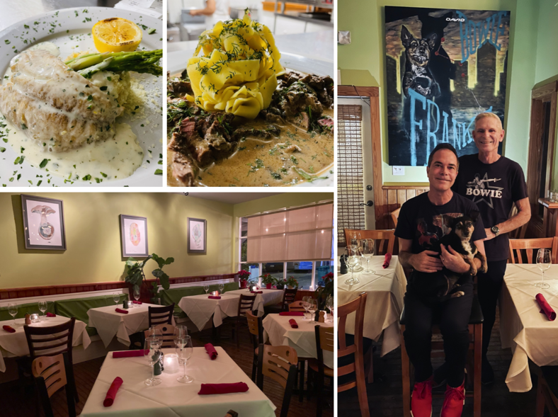 (from upper left) Yellowtail Snapper, Beef Stroganoff, John Bonbon and Chip Junod with their dog, Frankie, and the dining room at Red Shoe Island Bistro. Photos by Rob Plummer and Simon Yeomans.