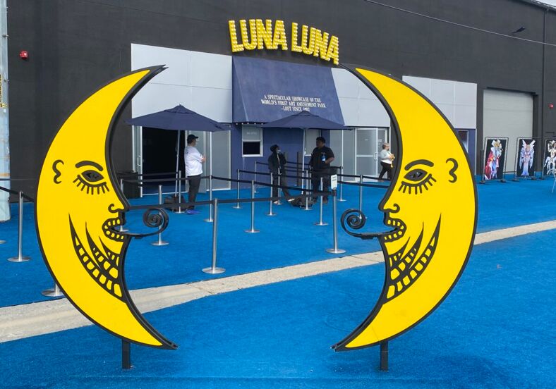 The carnival-like entrance to the Luna Luna exhibit in DTLA.