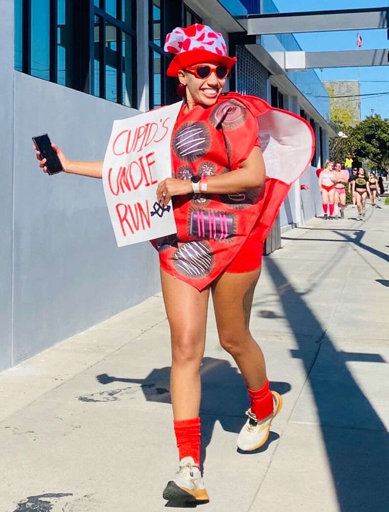 A runner in a candy costume.