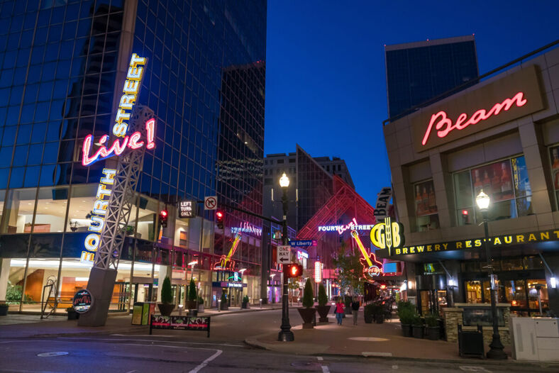 Fourth Street Live at night. The area is an entertainment and retail complex located in downtown Louisville Kentucky