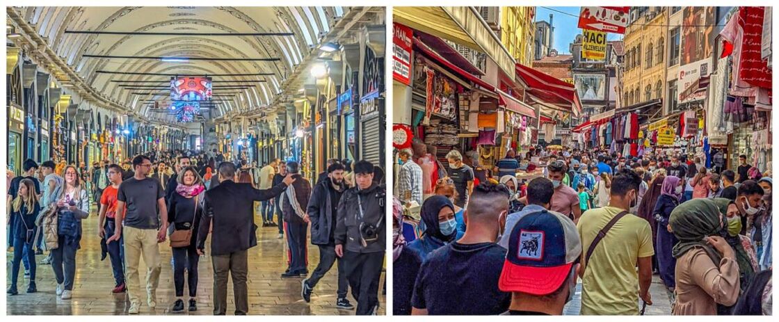 Two side-by-side photos of people walking inside of a mall and outside in the Grand Bazaar.