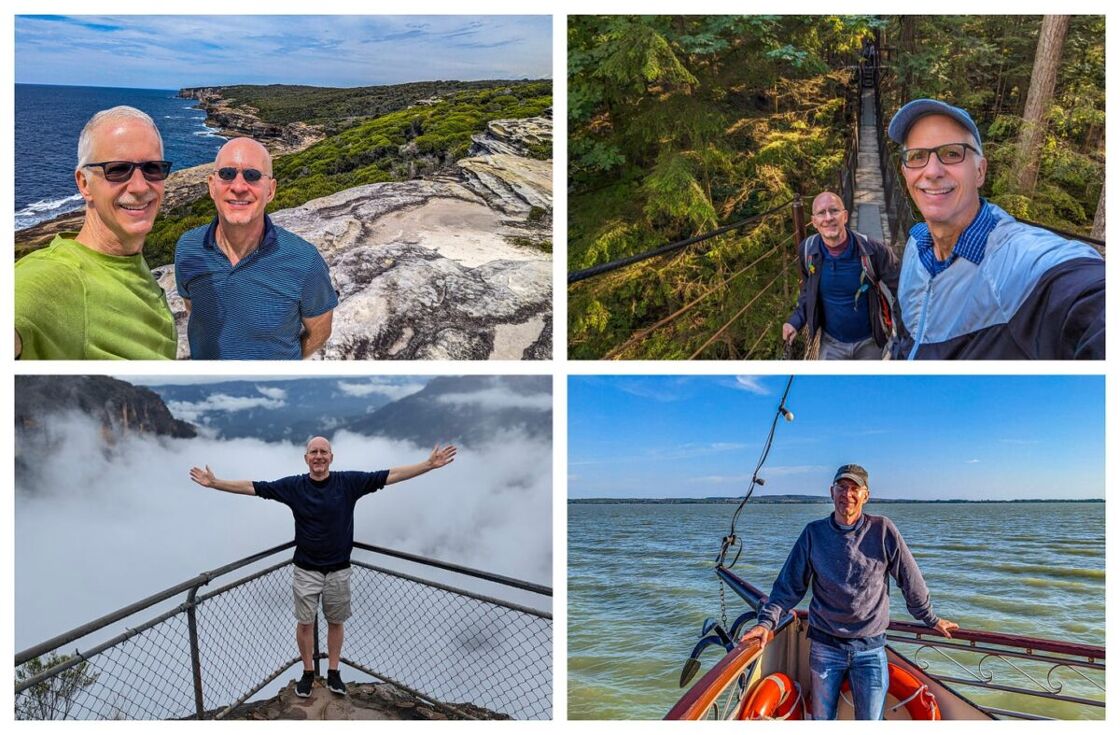 A collage of photos of the author and his husband outside doing activities.