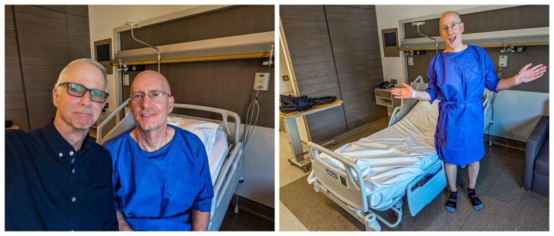 Brent and his husband, Michael, pose in Brent's hospital room and a second photo shows Brent standing with hands spread next to his bed