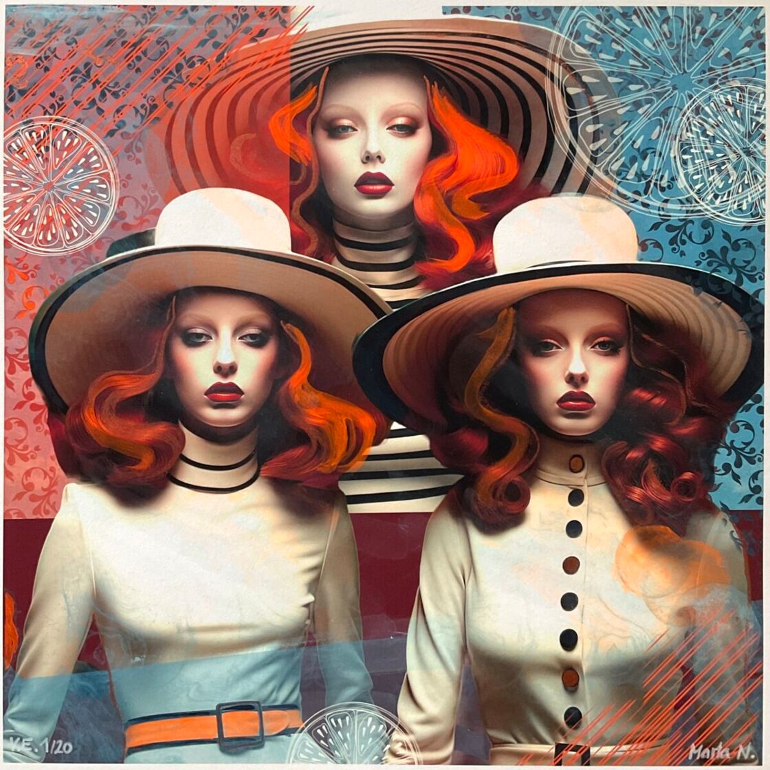 Artwork by Marta Nowicka featuring three women wearing hats
