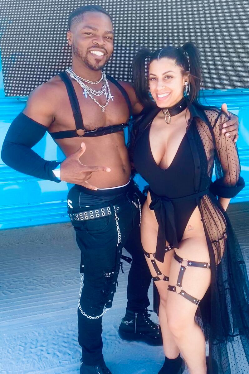 A leather-clad duo at the parade.