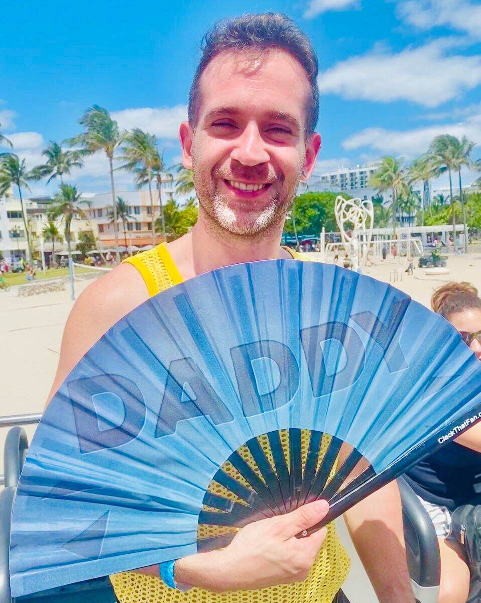 Pablo Carrasco fanning himself in the Miami heat. "Who's your daddy?"