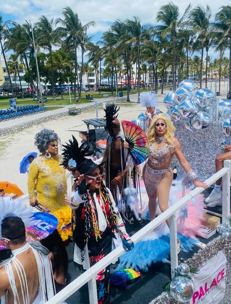 A group of Miami drag queens riding their Pride float