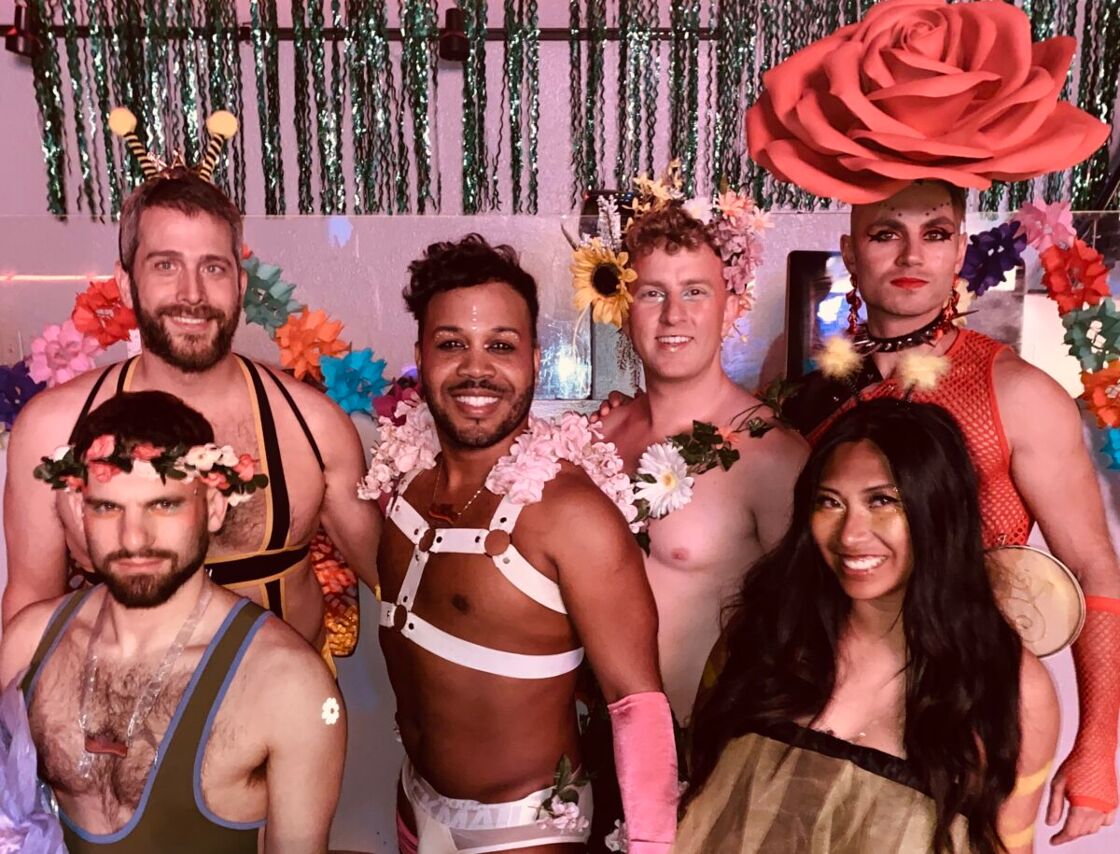 Members of the queer Burning Man tribe The Glamcocks flaunting their floral  fashion at this weekend's Bloom party in San Francisco.