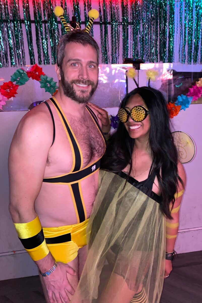 David Bronner and Jenny "Larry" Stinson buzzing in their bumble bee themed attire.