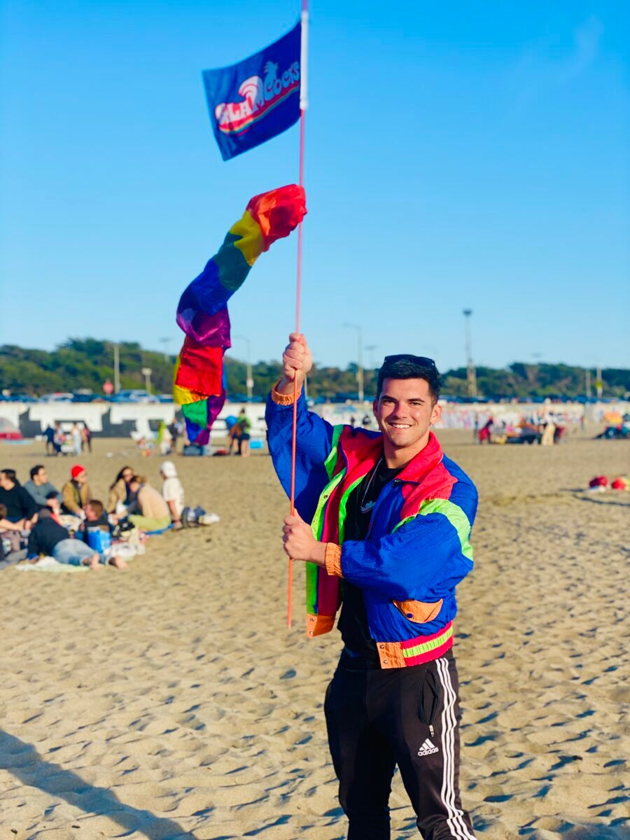 GlamCock SF regional lead Joey "GI Joe" McGrath celebrating the success of Bloom at the GlamCock 4/20 Bonfire after party at Ocean Beach.