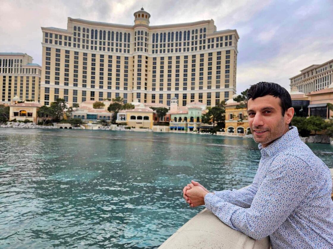 Author Joey Amato stands outside of the Bellagio hotel in Las Vegas.