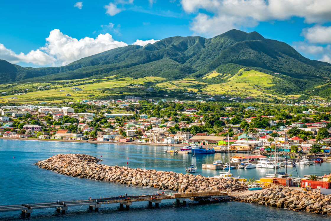 The mountainous landscape and coastline of St Kitts Island, Leeward Islands from the vantage point of the cruise port Zante, Basseterre