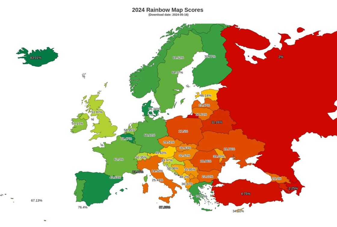 The 2024 Rainbow Map by ILGA-Europe with a color scale and percentages from green (good) to red (bad), visually representing the most and least LGBTQ+-friendly countries in Europe
