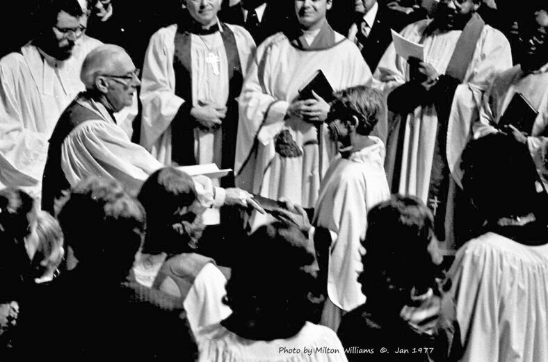 Photograph of Pauli Murray becoming the first African American woman ordained as a priest. 