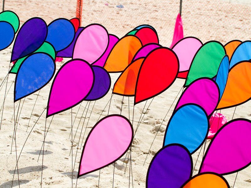 Rainbow balloon flags stick out of the sand. Photo via Hampton Roads Pride