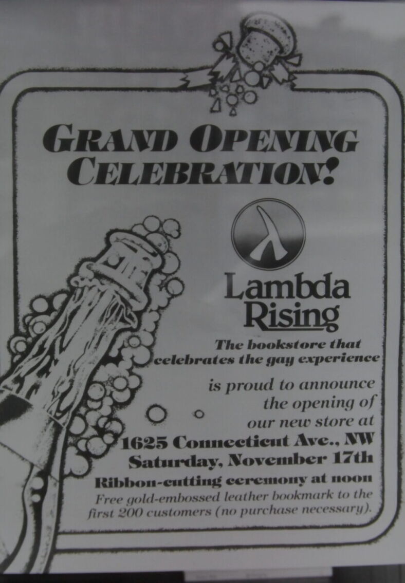 A poster promoting the grand opening of Lambda Rising at their new location on 1625 Connecticut Ave.